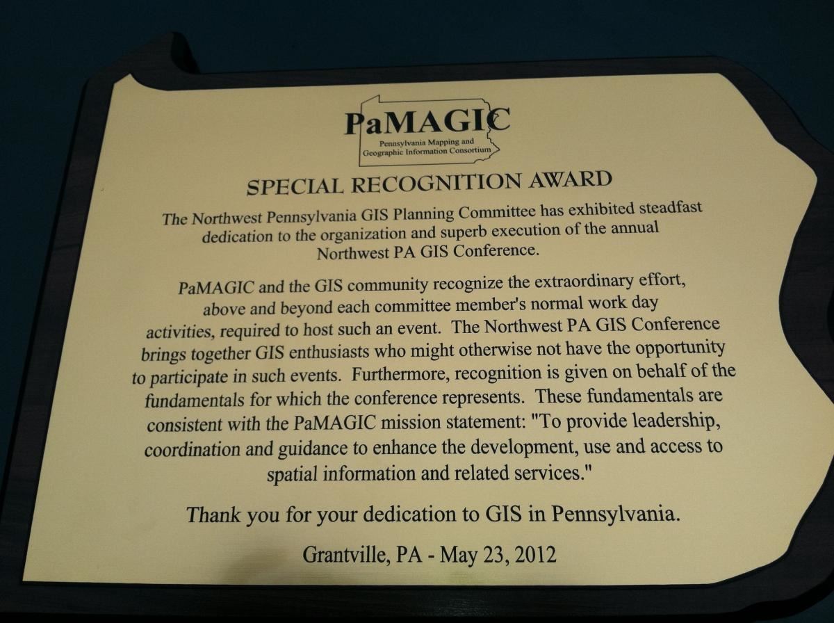 excellence ward plaque for northwest pennsylvania gis planning committe